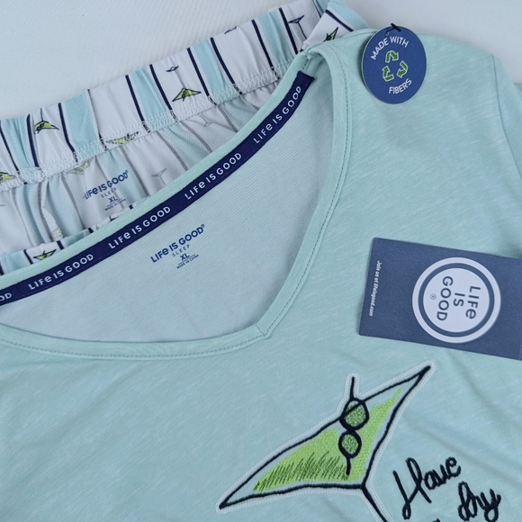 Life Is Good Martini Embroidery & Print PJ Set Short Sleeve Top Pant Teal XL NWT - Picture 16 of 16